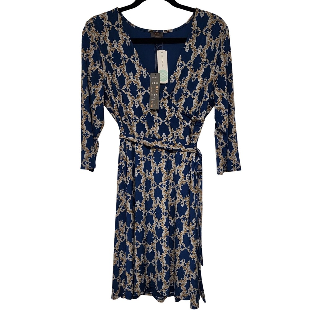 Mix by 41 Hampton Blue Faux Wrap Dress Womens Size L Abstract Print Teal V-Neck‎